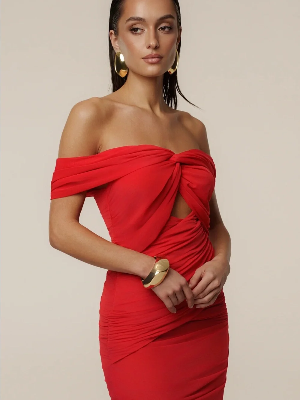 JLUXLABEL Red Strapless Ruched Maxi Dress